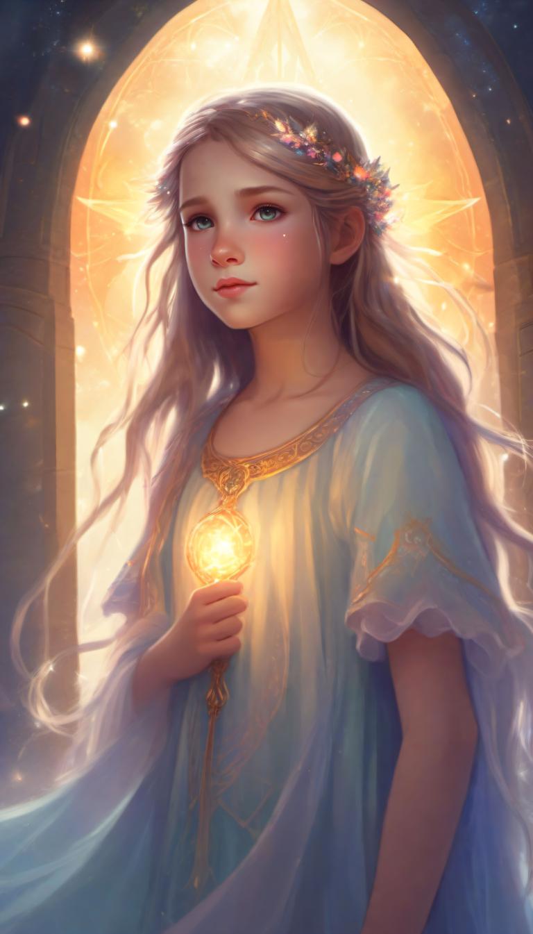 Face Swap, Fantasy Art, Fantasy Art, People, girl, 1girl, long hair, solo, dress, blonde hair, blue dress, lips, glowing, hair ornament, blue eyes, backlighting, green eyes, wide sleeves, light particles, holding, gem, nose, flower, realistic, artist name, collarbone, upper body