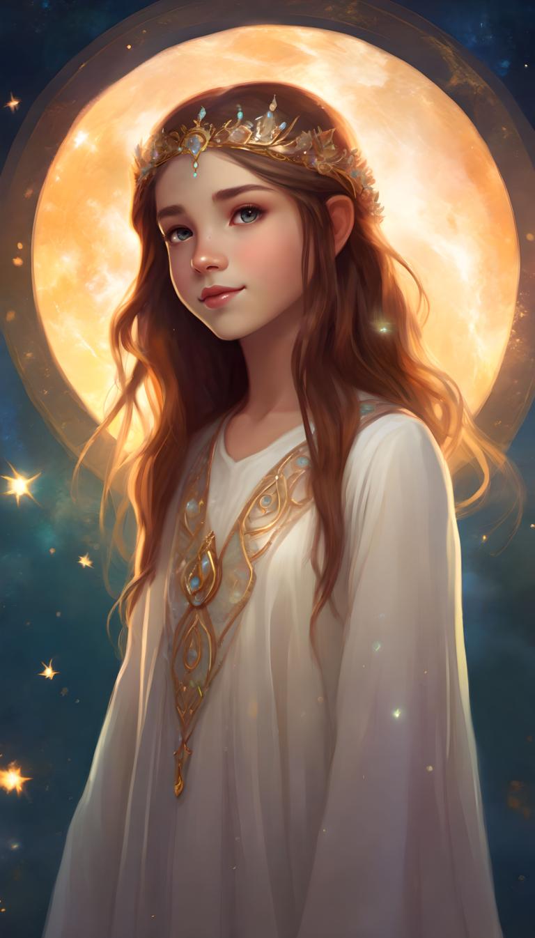 Fantasy Art,Fantasy Art, People, girl, 1girl, solo, long hair, brown hair, moon, blue eyes, lips, dress