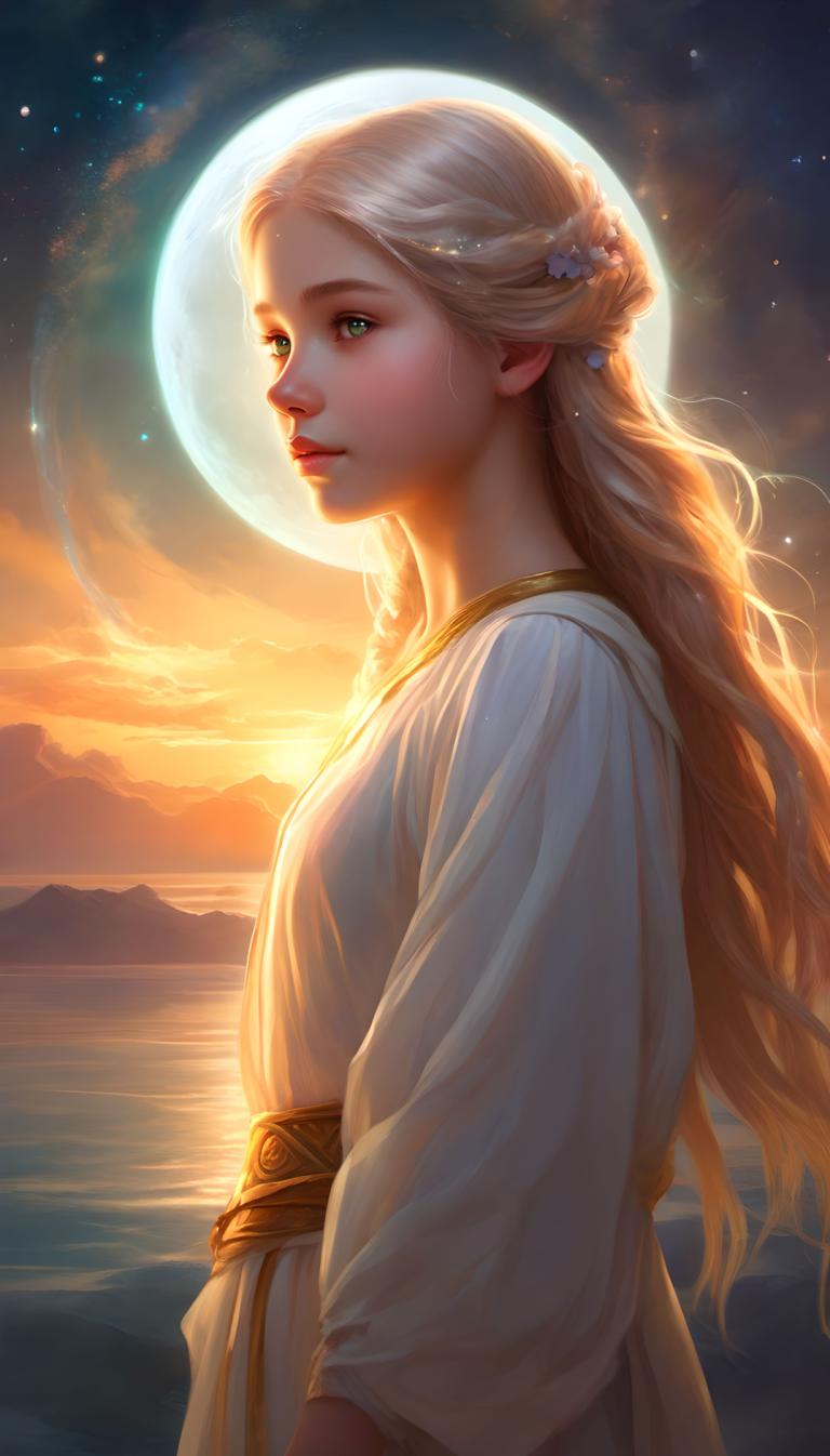 Fantasy Art,Fantasy Art, People, girl, 1girl, solo, long hair, moon, blonde hair, green eyes, sky, lips