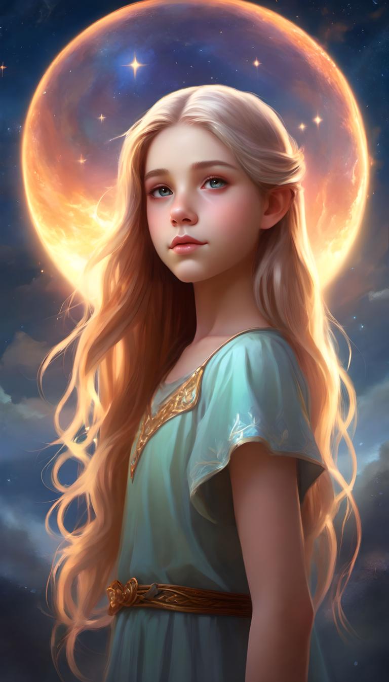 Fantasy Art,Fantasy Art, People, girl, 1girl, solo, long hair, blonde hair, moon, dress, sky, lips, blue eyes