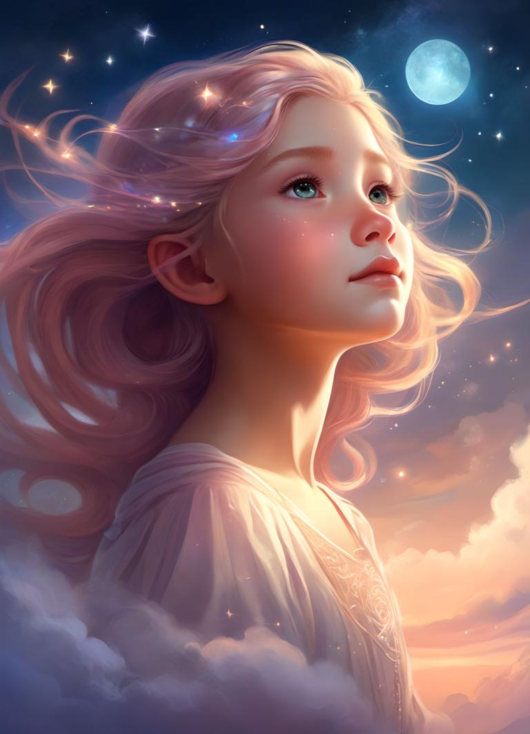 Fantasy Art,Fantasy Art, People, girl, 1girl, solo, moon, sky, looking up, cloud, long hair, blonde hair