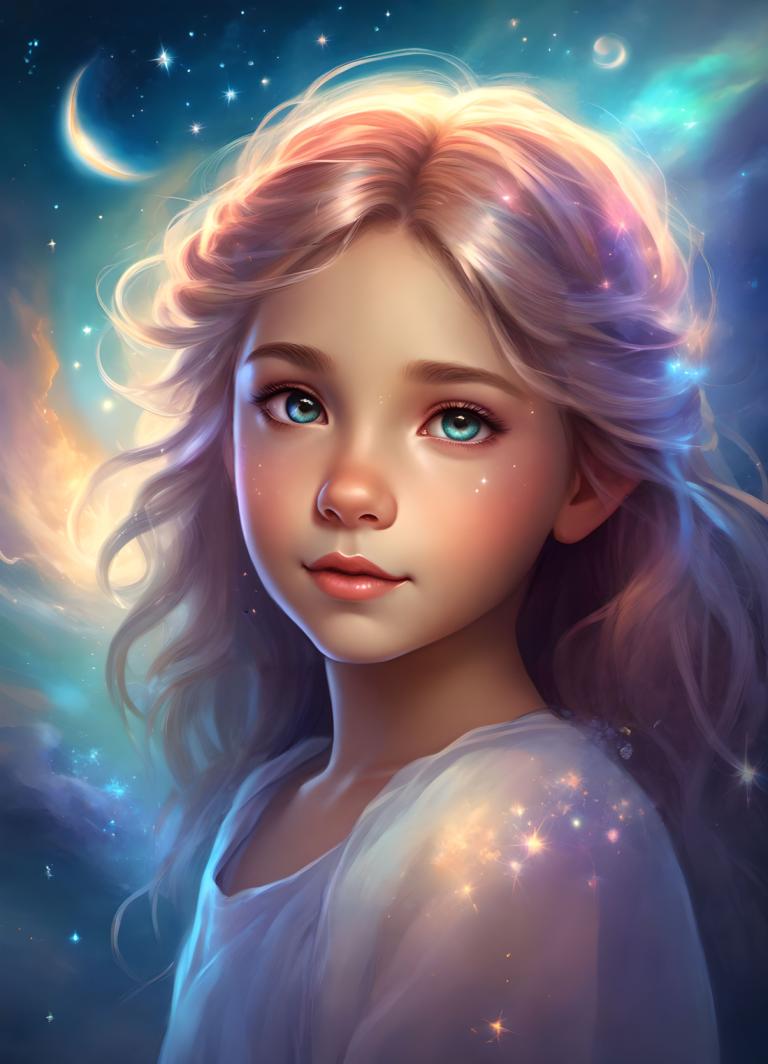 Arc Csere, Fantasy Art, Fantasy Art, People, girl, 1girl, solo, crescent moon, star (sky), lips, sky, long hair, moon, looking at viewer, blue eyes, starry sky, blonde hair, night, upper body, shirt, night sky, cloud, star (symbol), nose