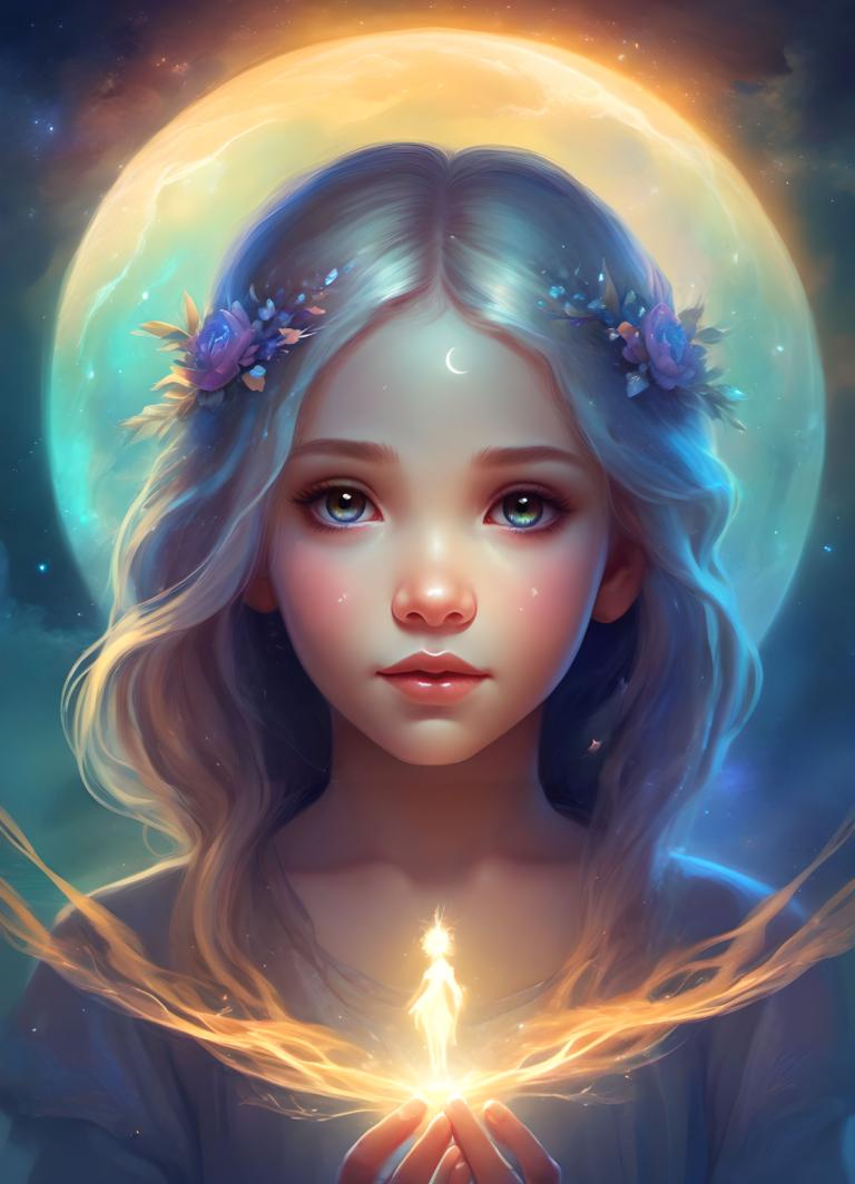 Arc Csere, Fantasy Art, Fantasy Art, People, girl, 1girl, moon, hair ornament, flower, hair flower, blonde hair, lips, glowing, looking at viewer, full moon, solo, blue eyes, long hair, night, sky, crescent, upper body, head wreath, magic, green eyes, star (sky)