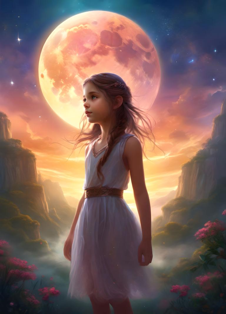 Fantasy Art,Fantasy Art, People, girl, 1girl, solo, moon, brown hair, long hair, flower, braid, dress, sky