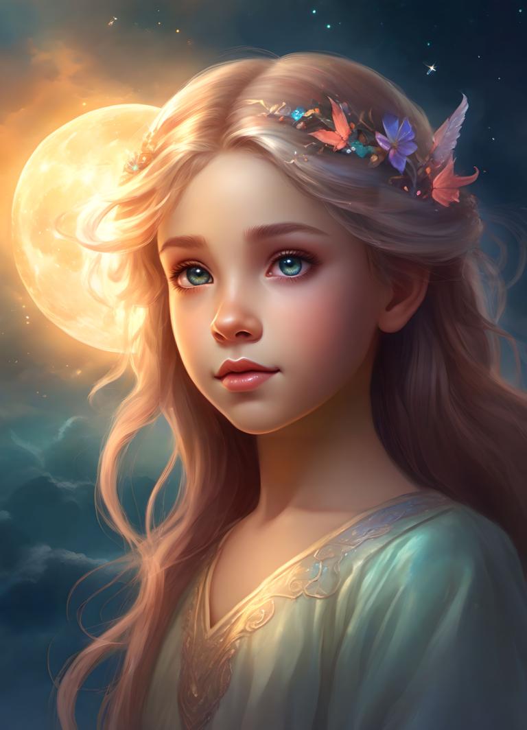 Fantasy Art,Fantasy Art, People, girl, 1girl, solo, long hair, hair ornament, moon, blonde hair, lips