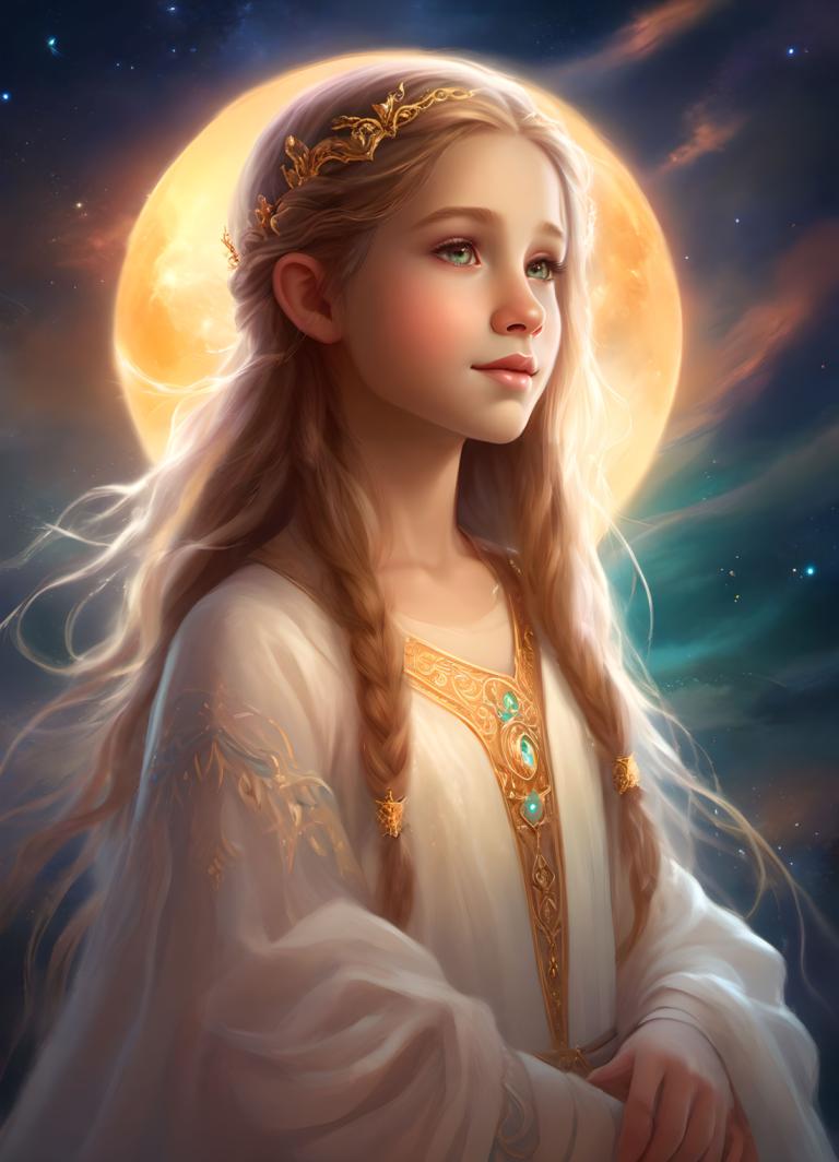 Fantasy Art,Fantasy Art, People, girl, 1girl, solo, long hair, moon, braid, sky, night, green eyes, realistic