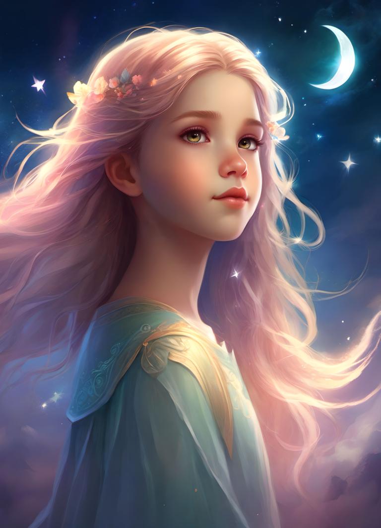 Fantasy Art,Fantasy Art, People, girl, 1girl, solo, long hair, crescent moon, moon, sky, lips, blonde hair