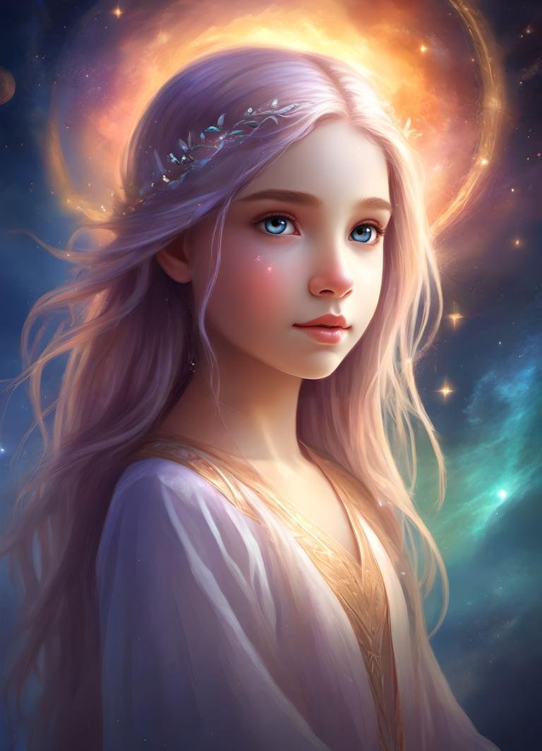 Arc Csere, Fantasy Art, Fantasy Art, People, girl, 1girl, solo, blue eyes, long hair, lips, realistic, upper body, looking at viewer, nose, hair ornament, moon, star (sky), dress