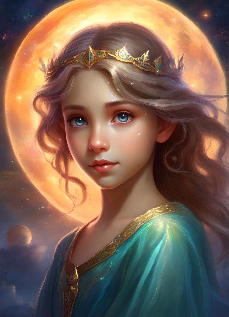 Arc Csere, Fantasy Art, Fantasy Art, People, girl, 1girl, solo, blue eyes, moon, long hair, looking at viewer, blonde hair, lips, dress, full moon, tiara, sky, upper body, star (sky), night