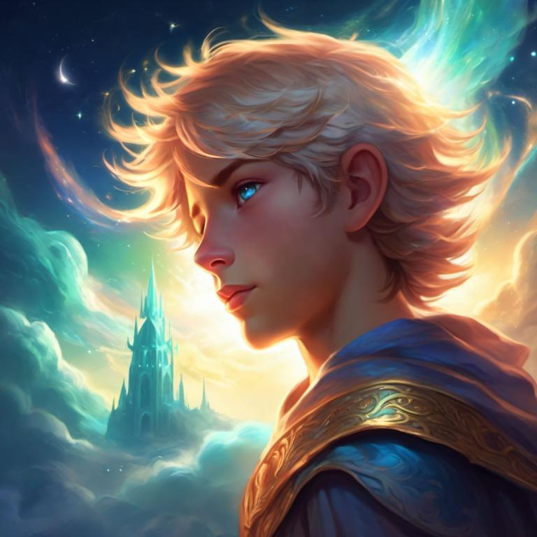 Fantasy Art,Fantasy Art, People, boy, solo, blonde hair, sky, blue eyes, cloud, 1boy, male focus, castle