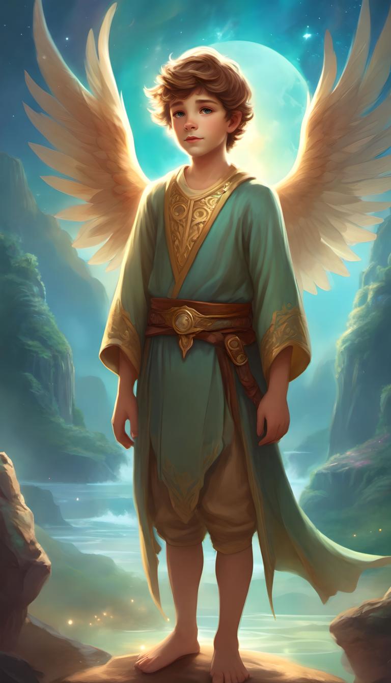 Fantasy Art,Fantasy Art, People, boy, barefoot, wings, solo, brown hair, moon, 1boy, male focus, blue eyes