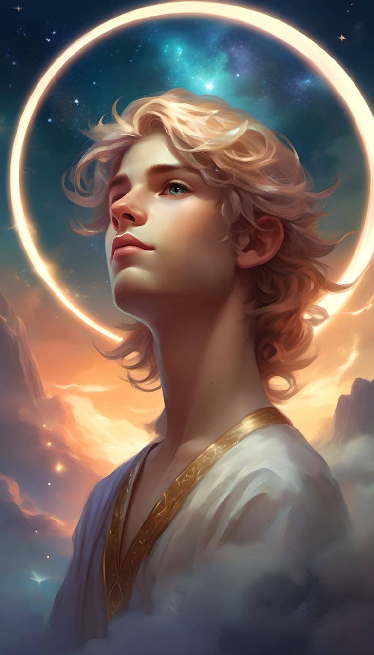 Art Fantastique,Art Fantastique, Personnes, garçon, solo, ciel, cheveux blond, foyer masculin, 1garçon, Halo