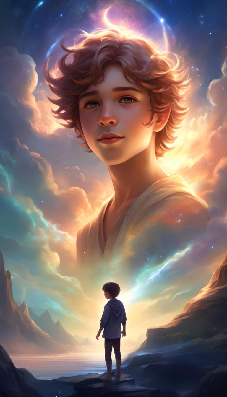 Arte fantastica,Arte fantastica, Persone, ragazzo, cielo, capelli corti, nuvola, Cielo stellato), 1 ragazzo