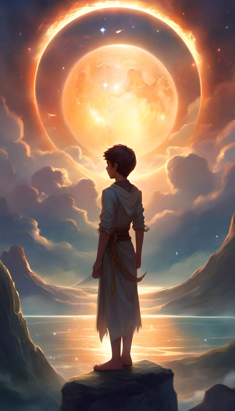 Fantasy Art,Fantasy Art, People, boy, 1boy, moon, male focus, solo, sky, barefoot, cloud, standing