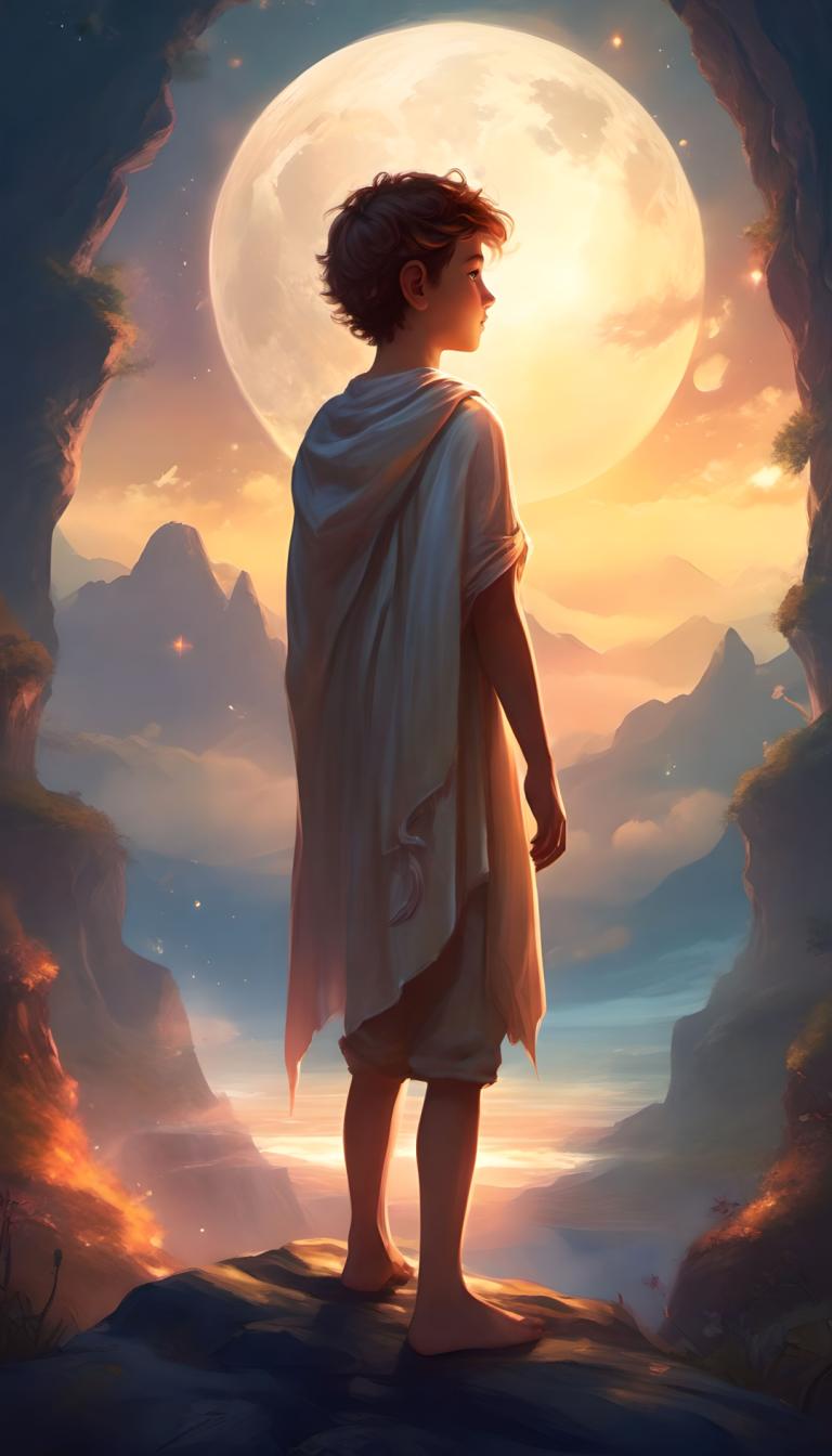 Fantasy Art,Fantasy Art, People, boy, 1boy, solo, barefoot, male focus, moon, cape, sky, standing, full moon