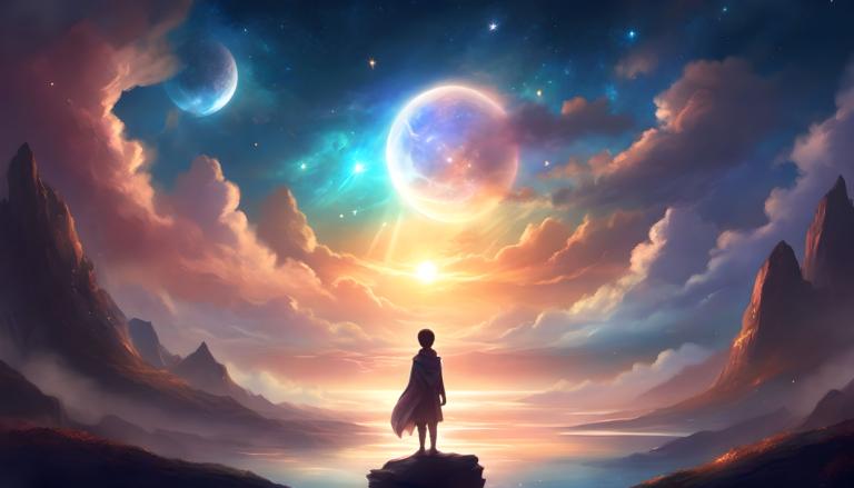 Fantasy Art,Fantasy Art, People, boy, sky, solo, cloud, scenery, star (sky), moon, sun, standing, 1girl