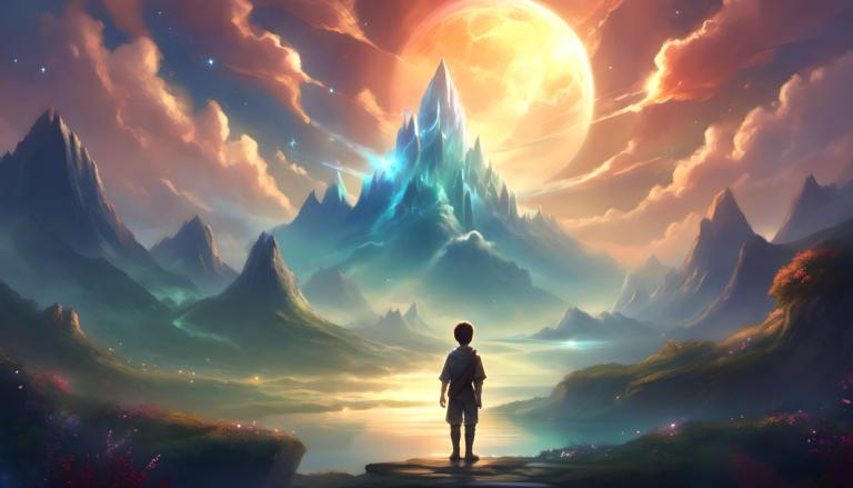 Fantasy Art,Fantasy Art, People, boy, cloud, sky, mountain, scenery, solo, 1boy, outdoors, moon, standing