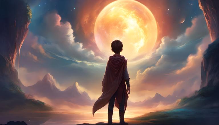 Fantasy Art,Fantasy Art, People, boy, moon, 1boy, solo, sky, male focus, cloud, cape, from behind, outdoors