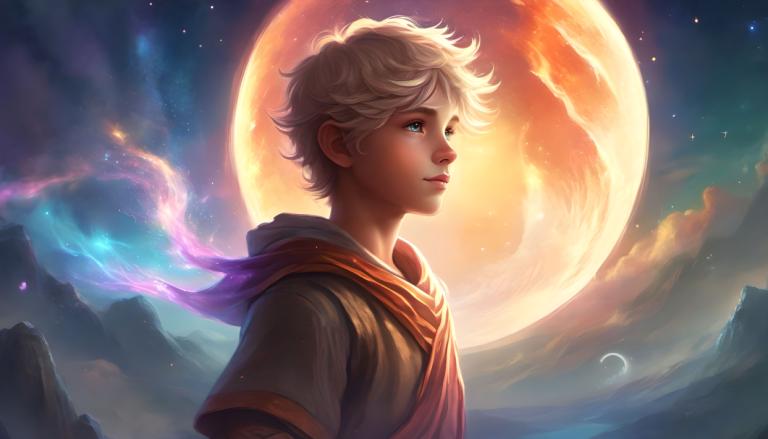 Fantasy Art,Fantasy Art, People, boy, moon, solo, 1boy, sky, male focus, star (sky), blue eyes, night