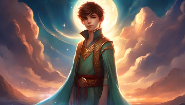 Fantasy Art,Fantasy Art, People, boy, solo, moon, sky, brown hair, cloud, 1boy, male focus, cape