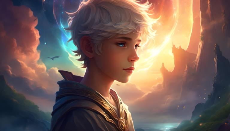 Fantasy Art,Fantasy Art, People, boy, solo, blue eyes, sky, short hair, bird, cloud, white hair, 1boy