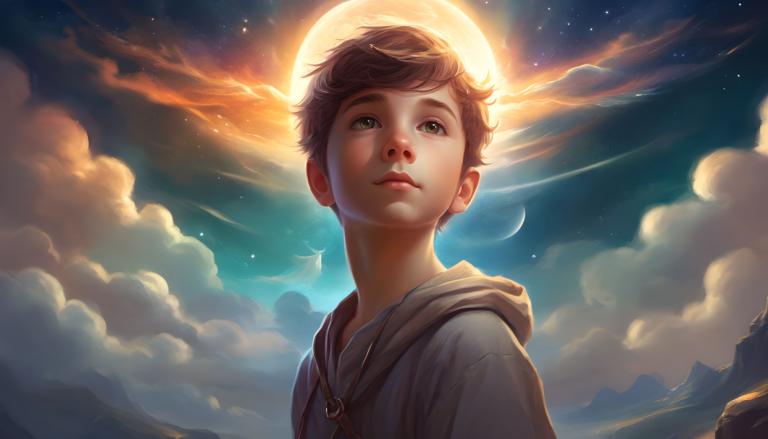 Fantasy Art,Fantasy Art, People, boy, sky, solo, cloud, brown hair, 1boy, moon, star (sky), male focus, hood