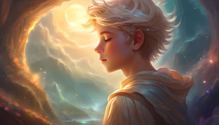 Fantasy Art,Fantasy Art, People, boy, solo, closed eyes, short hair, blonde hair, sky, cloud, hood, profile