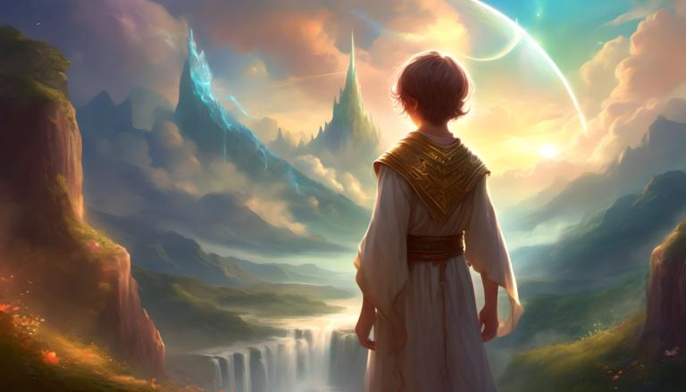 Fantasy Art,Fantasy Art, People, boy, waterfall, solo, sky, outdoors, cloud, from behind, 1boy, facing away