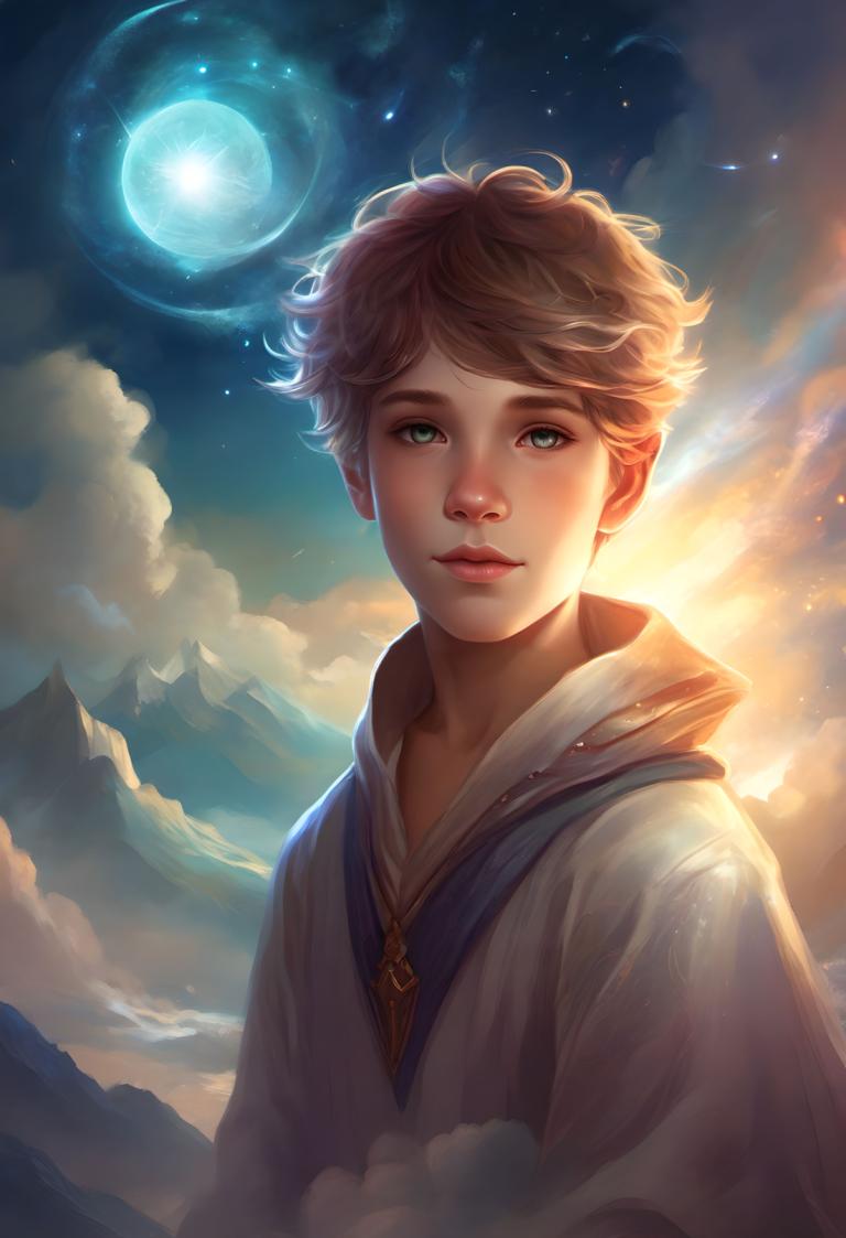 Arc Csere, Fantasy Art, Fantasy Art, People, boy, solo, sky, cloud, short hair, green eyes, looking at viewer, 1girl, realistic, upper body, lips, blonde hair, brown hair, moon, star (sky), blue eyes, mountain