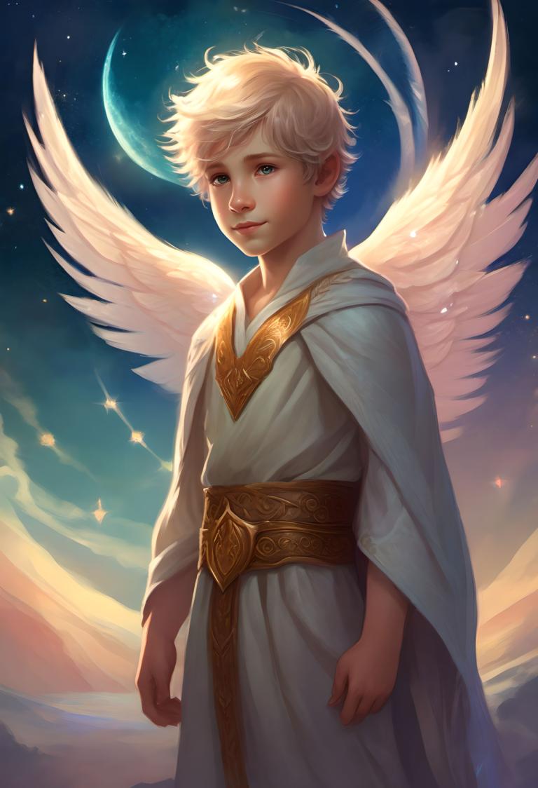 Arc Csere, Fantasy Art, Fantasy Art, People, boy, solo, 1boy, male focus, wings, sky, moon, blue eyes, crescent moon, star (sky), white hair, short hair, cape, robe, lips, night, angel wings, blonde hair, standing, cloud