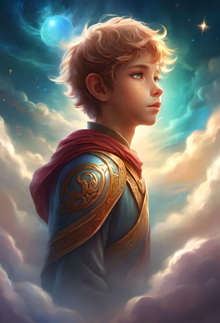 Fantasy Art,Fantasy Art, People, boy, solo, cloud, sky, green eyes, blonde hair, moon, 1boy, upper body