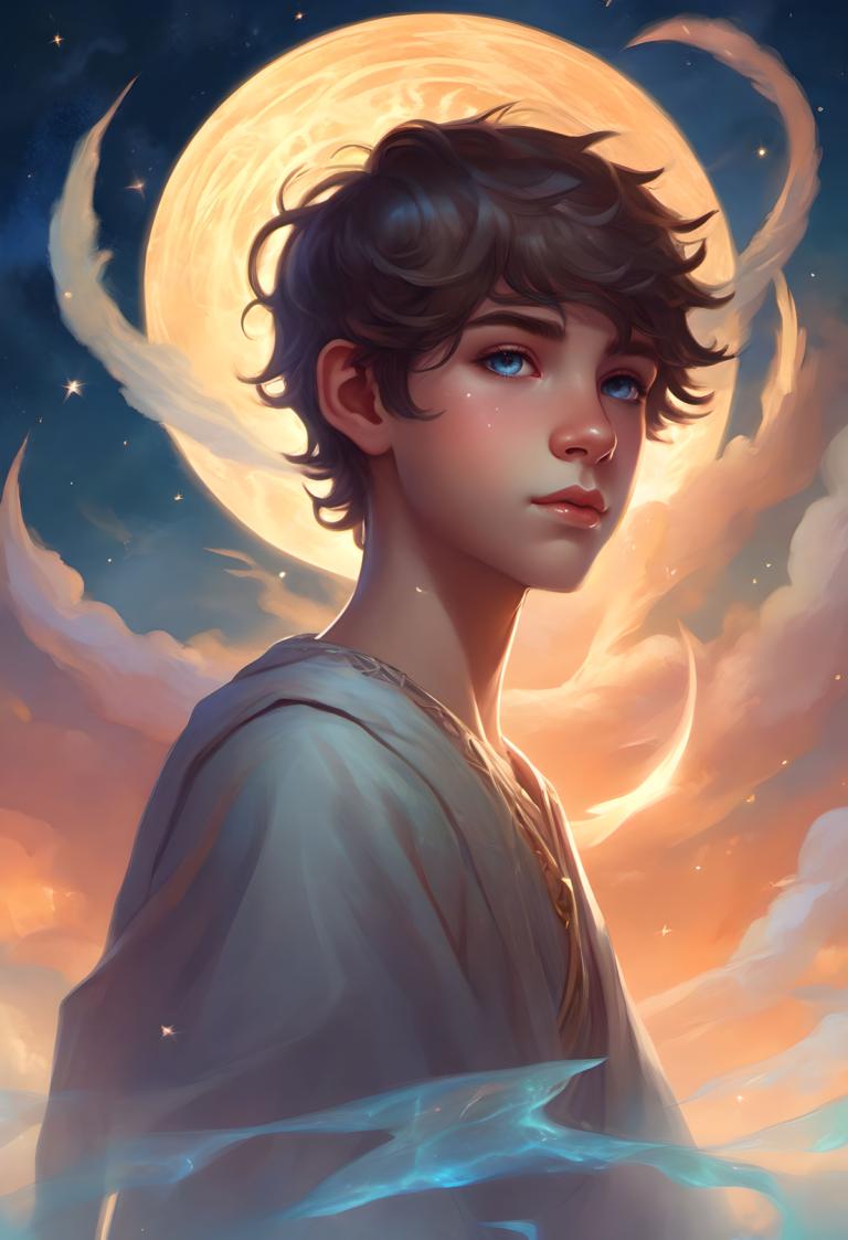 Fantasy Art,Fantasy Art, People, boy, solo, blue eyes, moon, sky, 1boy, male focus, cloud, looking at viewer