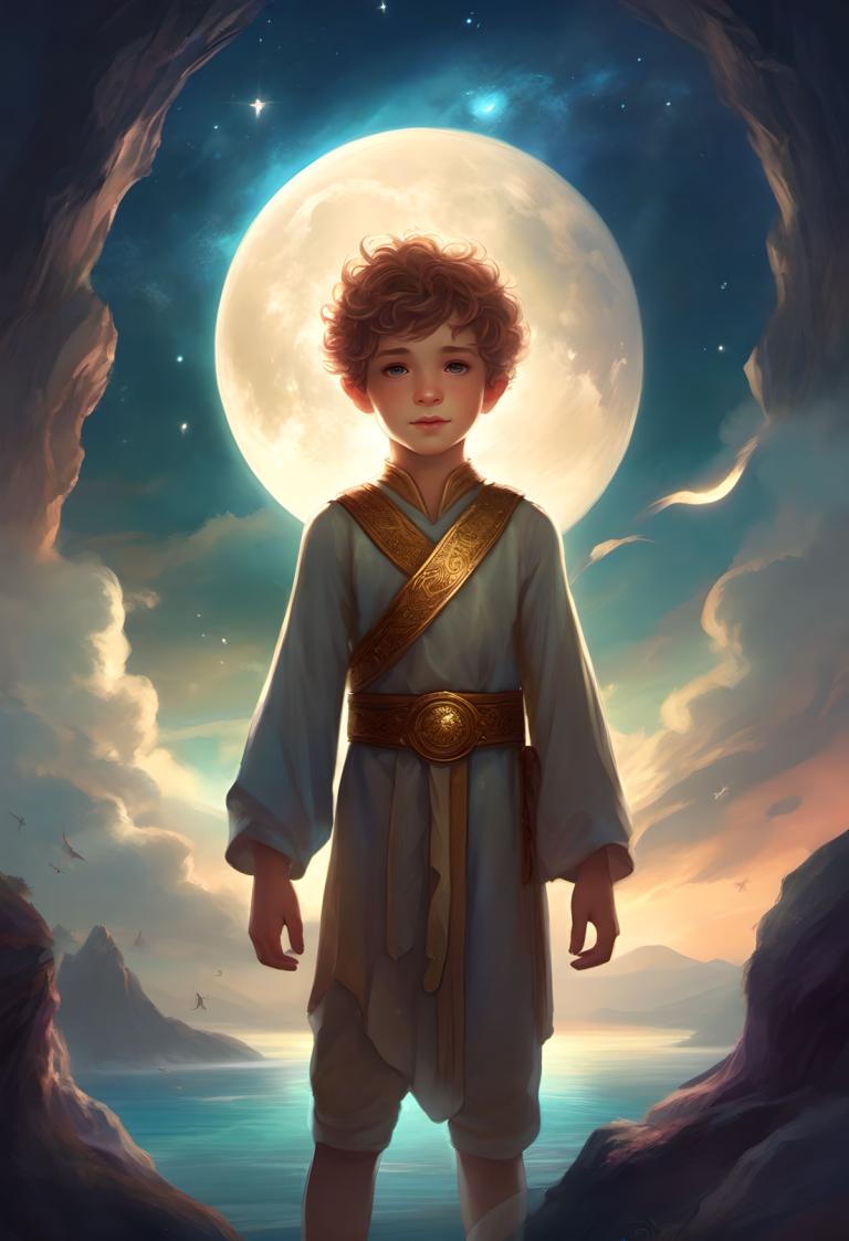 Fantasy Art,Fantasy Art, People, boy, moon, solo, sky, blue eyes, brown hair, full moon, star (sky)