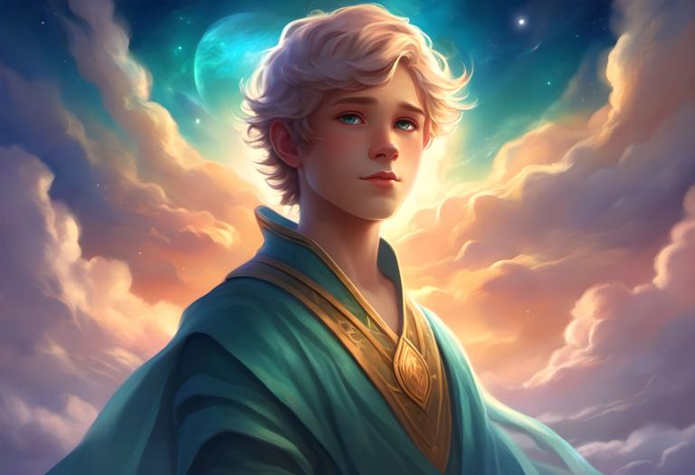 Arc Csere, Fantasy Art, Fantasy Art, People, boy, sky, solo, cloud, male focus, 1boy, star (sky), upper body, blonde hair, blue eyes, cloudy sky, looking at viewer, moon, short hair, cape, lips, starry sky, outdoors, night, realistic, white hair