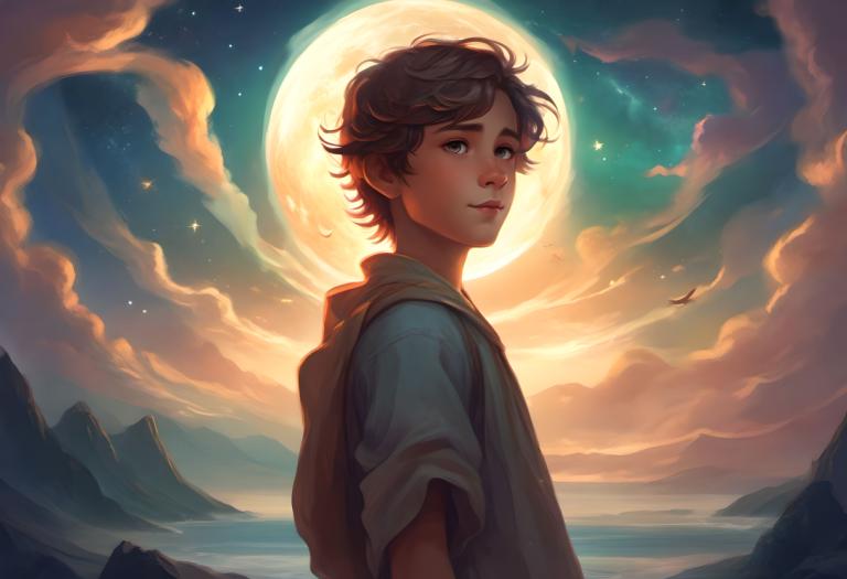 Fantasy Art,Fantasy Art, People, boy, solo, moon, sky, 1boy, cloud, male focus, brown hair, looking at viewer