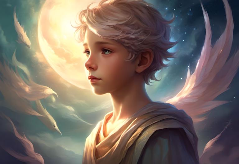 Fantasy Art,Fantasy Art, People, boy, solo, moon, sky, cloud, short hair, full moon, night, star (sky), wings