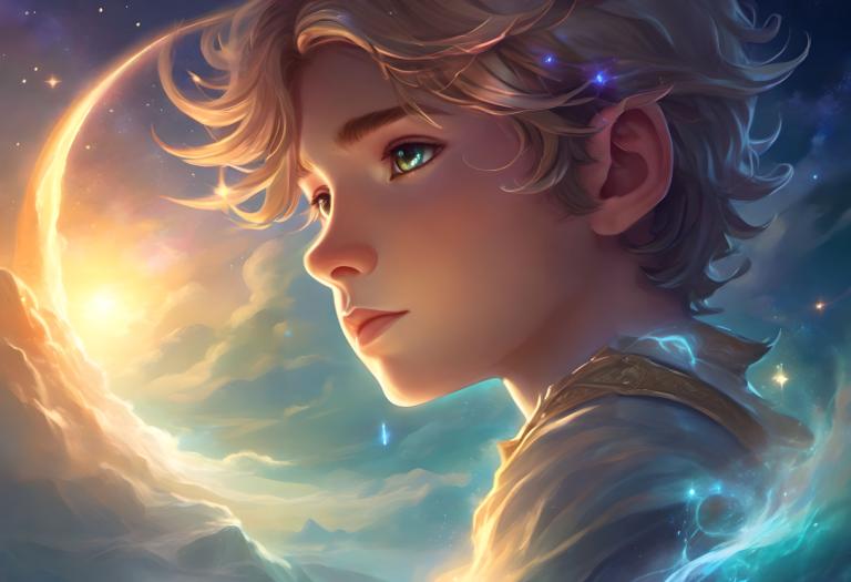 Fantasy Art,Fantasy Art, People, boy, solo, 1boy, male focus, blonde hair, sky, cloud, green eyes, moon