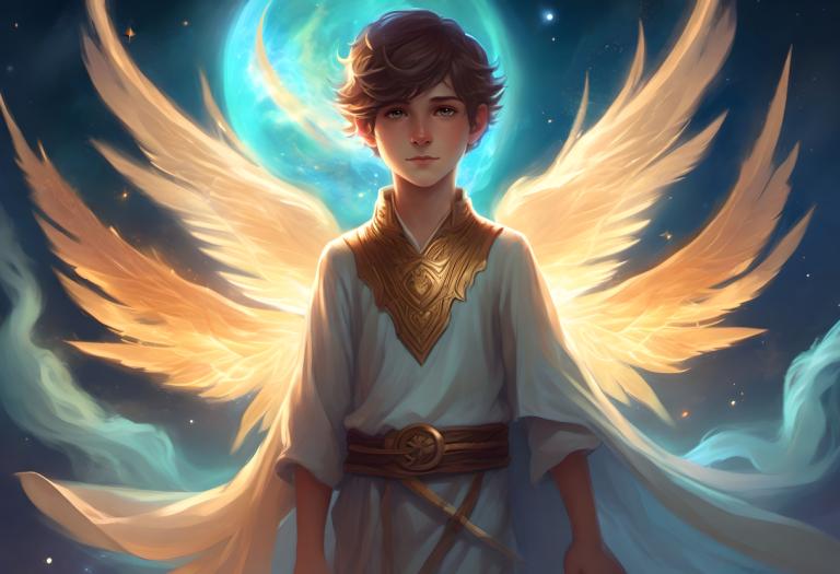 Fantasy Art,Fantasy Art, People, boy, solo, wings, 1boy, male focus, brown hair, moon, looking at viewer, sky