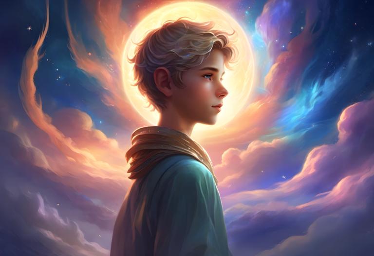 Fantasy Art,Fantasy Art, People, boy, solo, cloud, sky, 1boy, blue eyes, male focus, moon, blonde hair