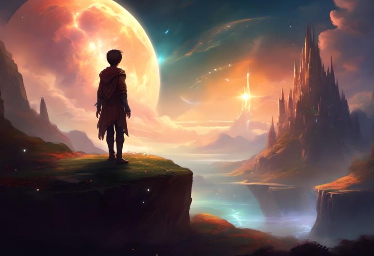 Fantasy Art,Fantasy Art, People, boy, scenery, solo, cloud, sky, outdoors, 1boy, standing, moon, from behind