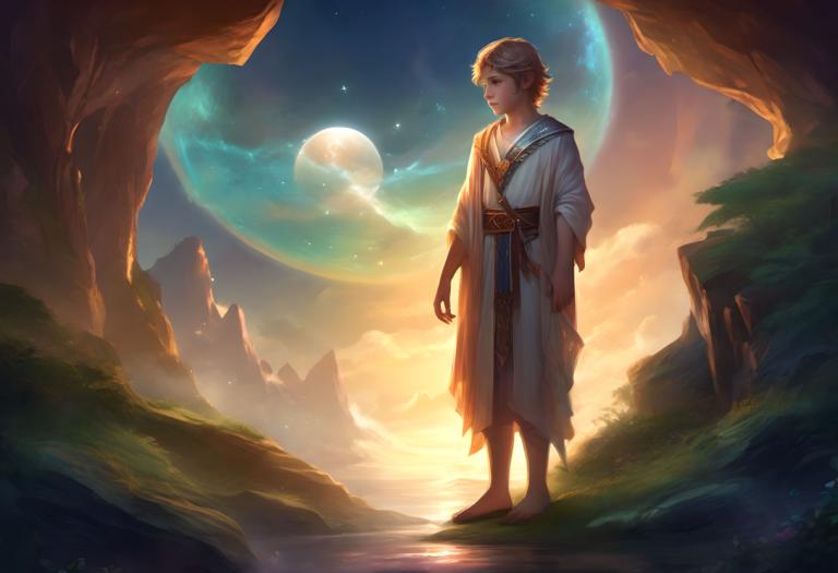 Fantasy Art,Fantasy Art, People, boy, solo, barefoot, blonde hair, 1boy, moon, pointy ears, male focus, sky