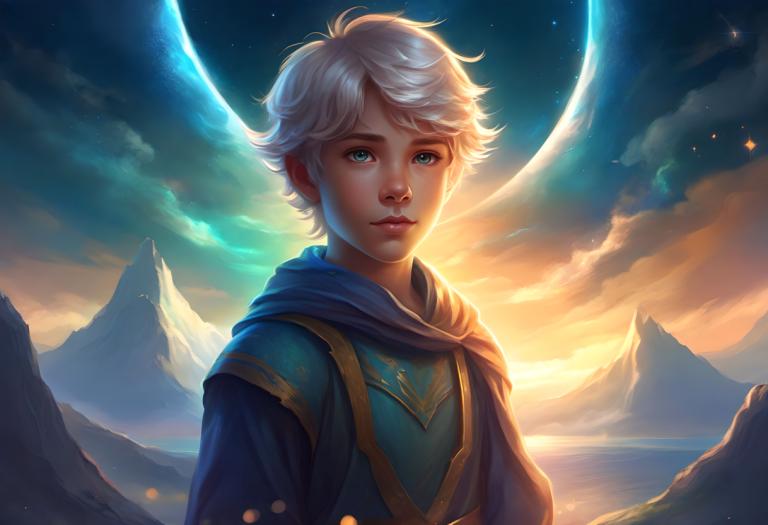 Fantasy Art,Fantasy Art, People, boy, solo, sky, mountain, blue eyes, short hair, star (sky), white hair