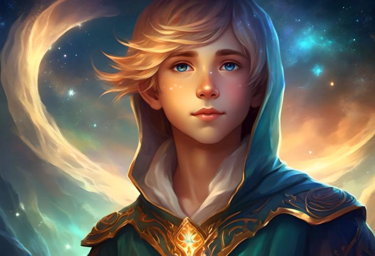 Fantasy Art,Fantasy Art, People, boy, solo, blue eyes, blonde hair, hood, sky, star (sky), male focus, 1boy