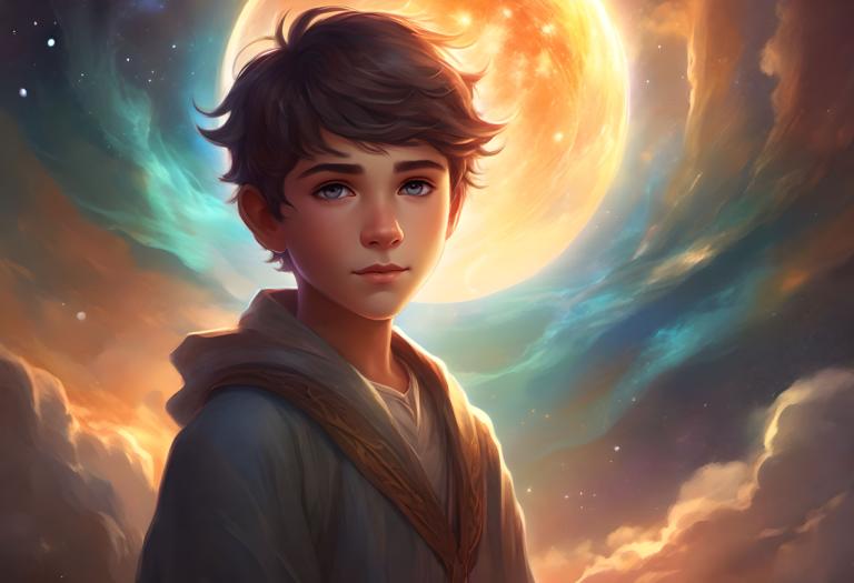 Fantasy Art,Fantasy Art, People, boy, solo, sky, moon, cloud, looking at viewer, blue eyes, brown hair