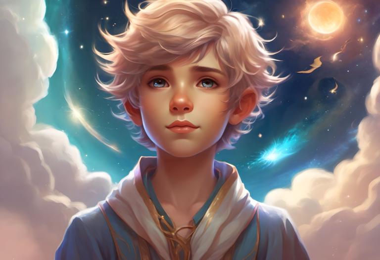 Fantasy Art,Fantasy Art, People, boy, solo, sky, cloud, male focus, blue eyes, 1boy, moon, star (sky)