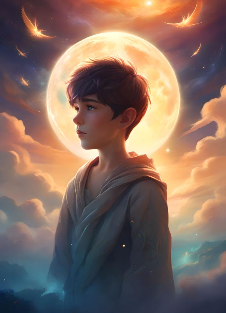 Fantasy Art,Fantasy Art, People, boy, solo, moon, sky, cloud, 1boy, male focus, blue eyes, brown hair