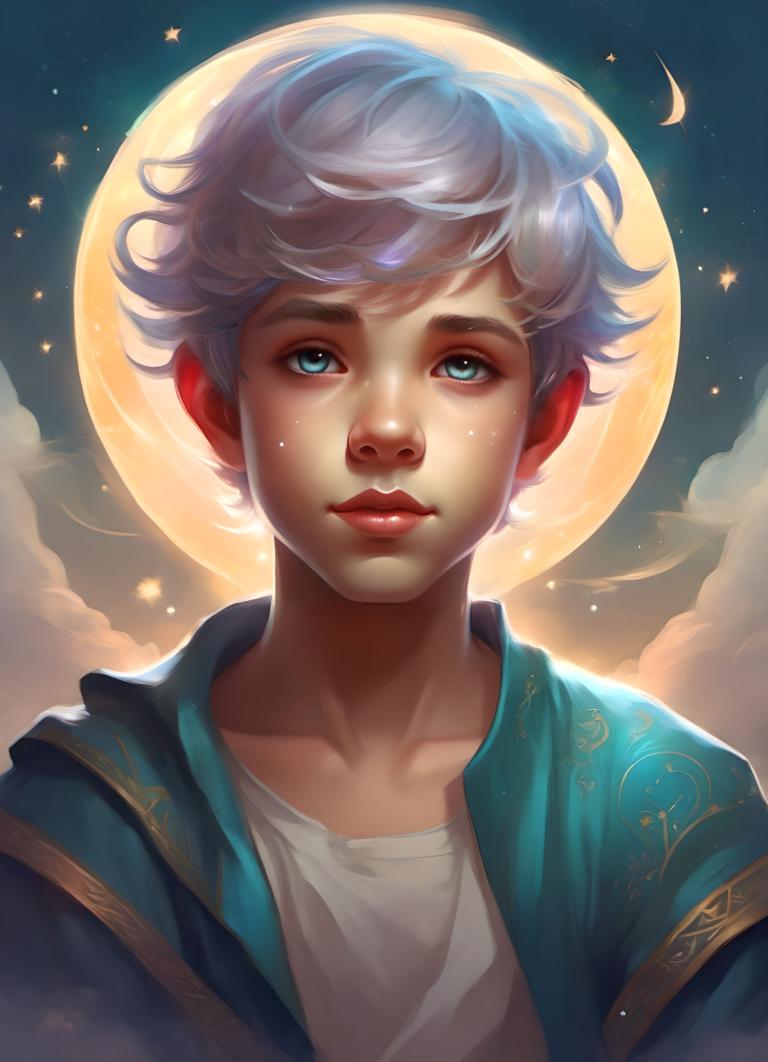 Fantasy Art,Fantasy Art, People, boy, solo, sky, moon, blue eyes, cloud, looking at viewer, star (sky), lips