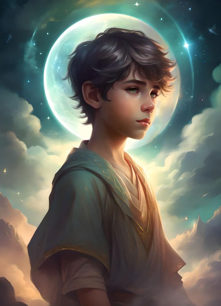 Fantasy Art,Fantasy Art, People, boy, solo, moon, 1boy, sky, male focus, green eyes, cloud, black hair