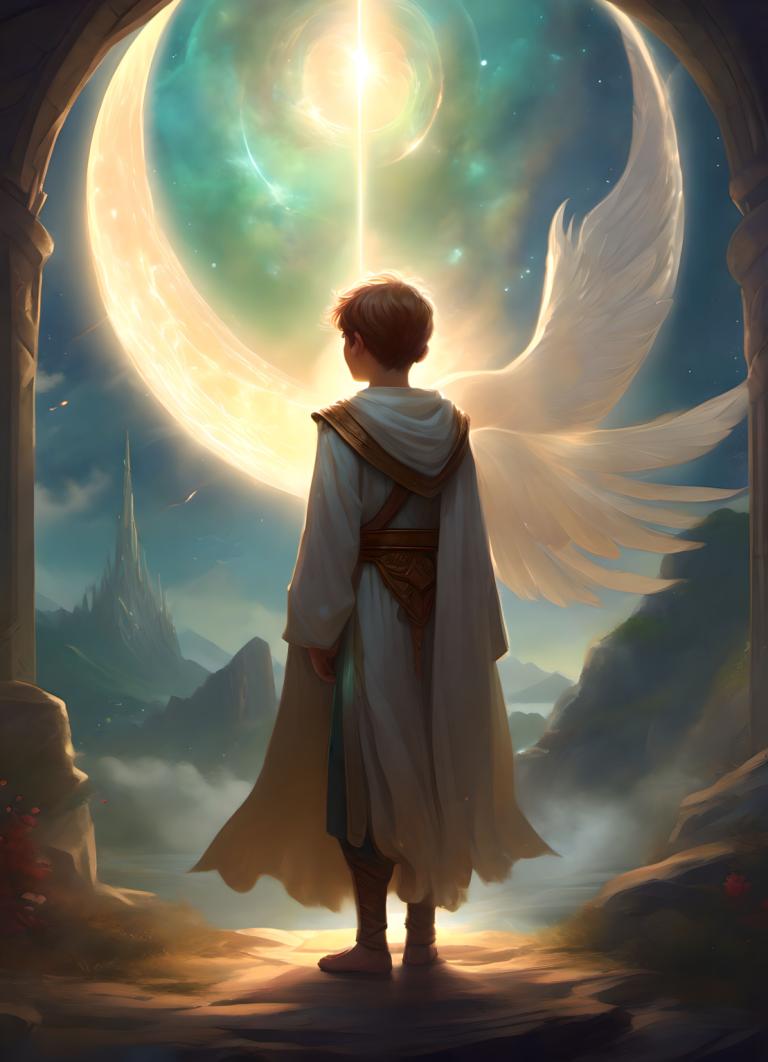 Fantasy Art,Fantasy Art, People, boy, 1boy, male focus, moon, solo, wings, brown hair, sky, from behind