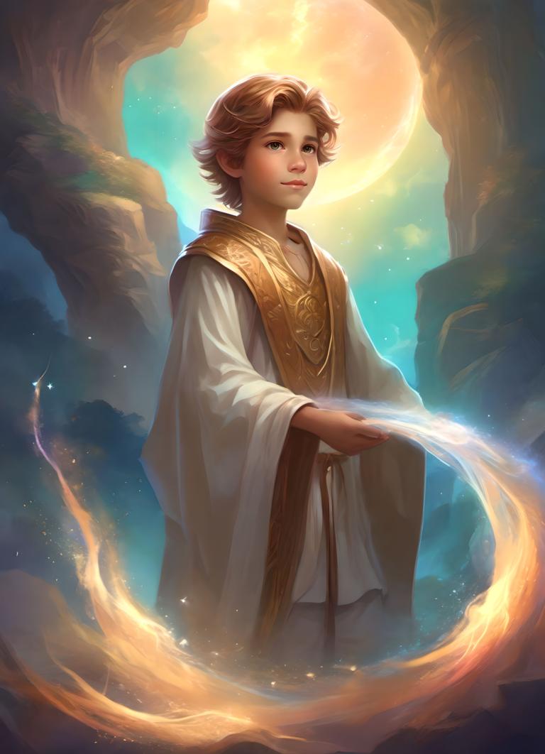 Fantasy Art,Fantasy Art, People, boy, solo, moon, robe, short hair, brown hair, wide sleeves, blue eyes, 1boy